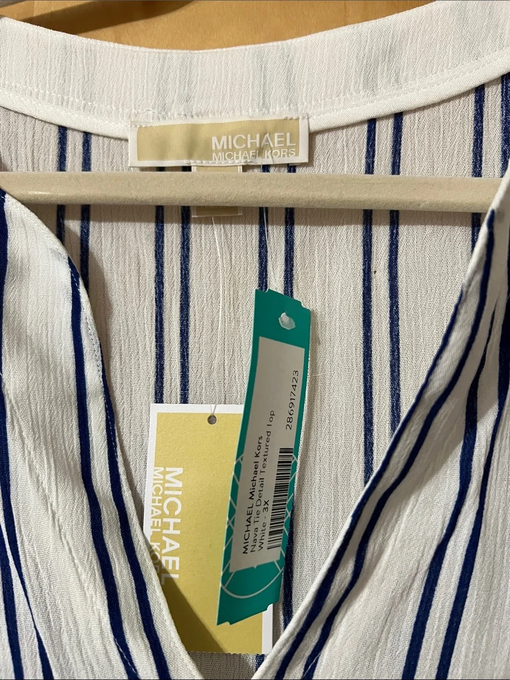 Michael Kors White V-Neck Long Sleeve Tunic with Navy Stripes